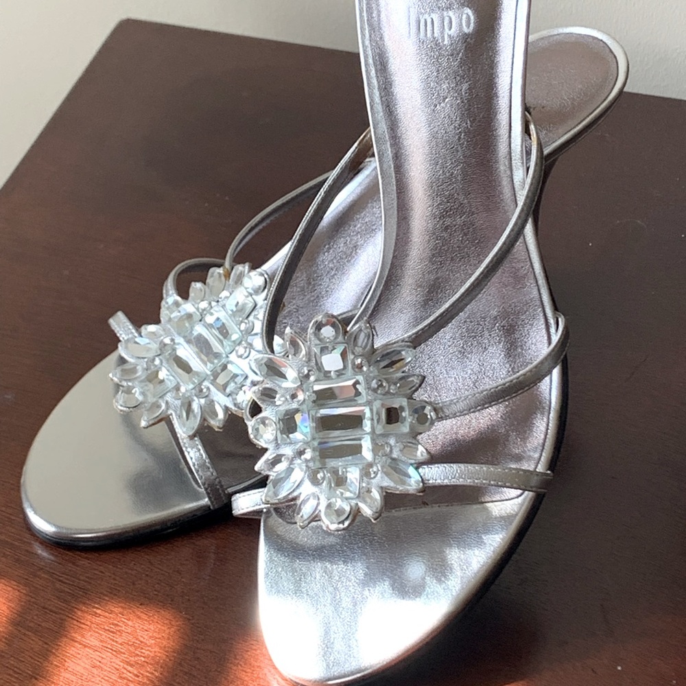 Impo, silver heeled sandal, clear stones, sz 9.5